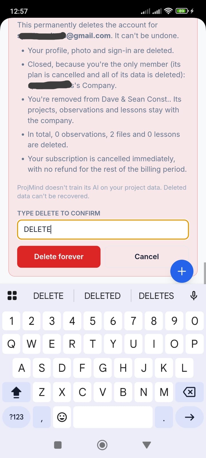 The ProjMind Settings screen with the Delete my account button at the bottom