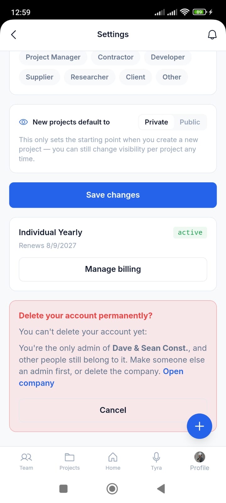 ProjMind explaining that you cannot delete your account yet because you are the only admin of a company
